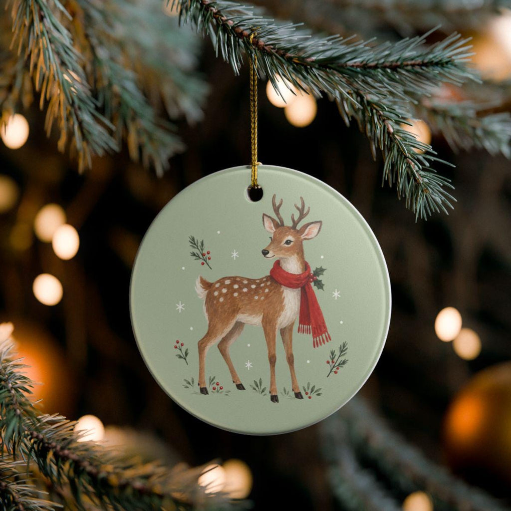 Woodland Reindeer Ceramic Ornament, Double Sided Round Christmas Decoration, Holiday Keepsake Gift