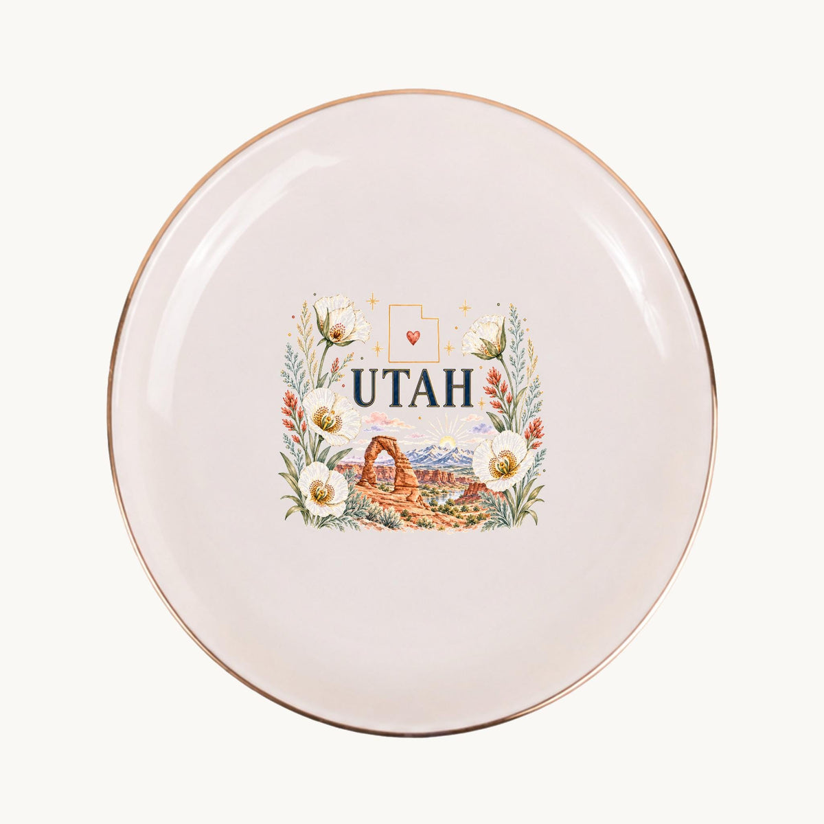 Utah Ceramic Ring Dish, Gold Rim Trinket Tray, Jewelry Holder Gift, Five Shape Options