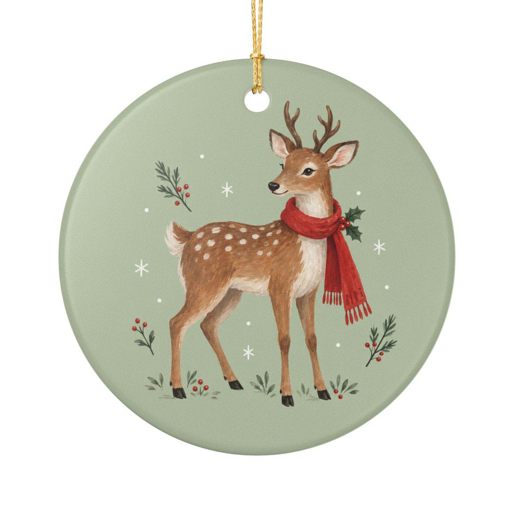 Woodland Reindeer Ceramic Ornament, Double Sided Round Christmas Decoration, Holiday Keepsake Gift