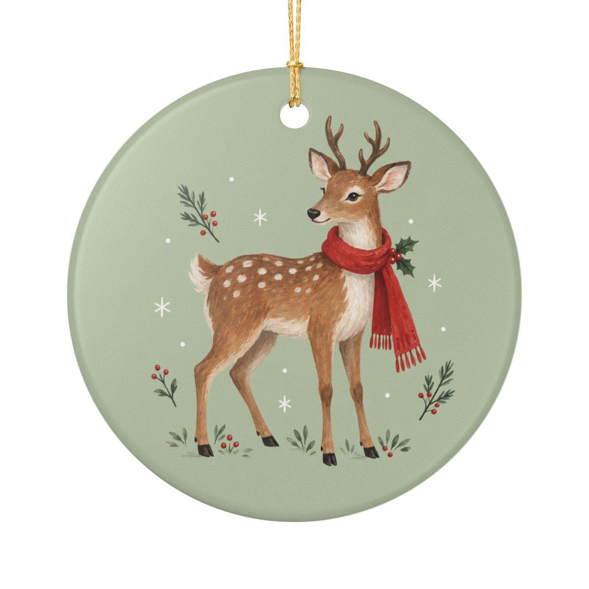 Woodland Reindeer Ceramic Ornament, Double Sided Round Christmas Decoration, Holiday Keepsake Gift