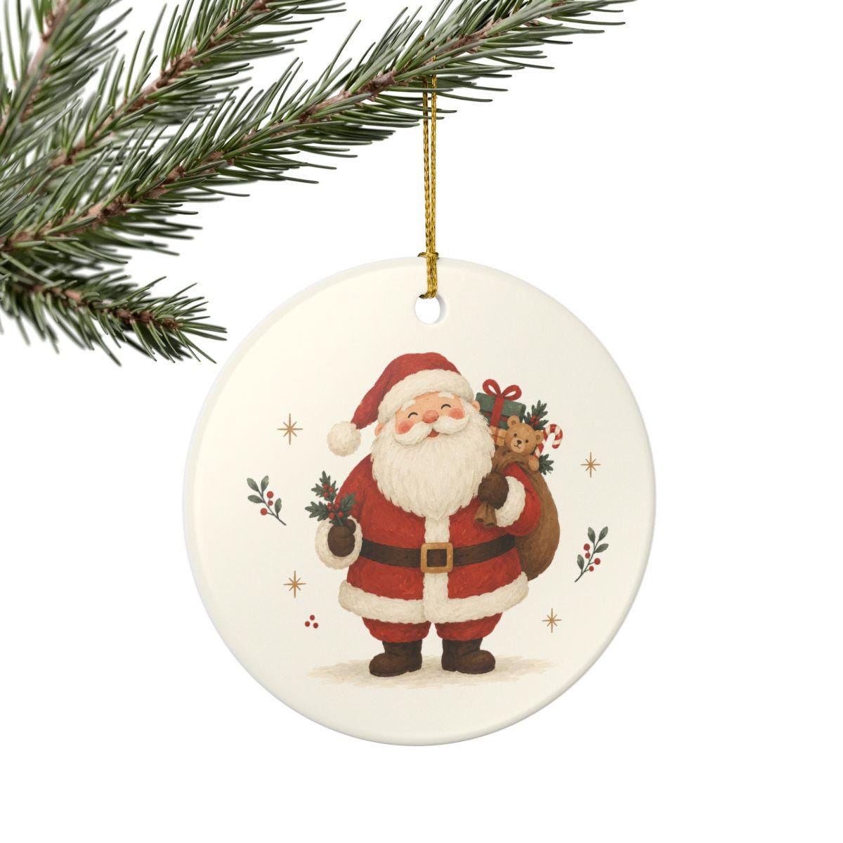 Jolly Santa Claus Ceramic Ornament, Double Sided Round Christmas Decoration, Holiday Keepsake Gift