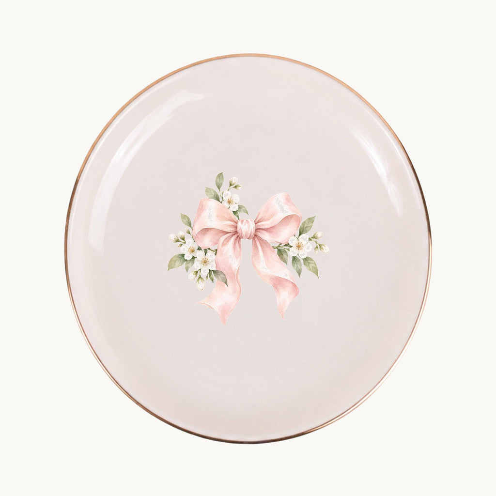 Blush Bridal Bow Ceramic Ring Dish, Gold Rim Trinket Tray, Jewelry Holder Gift, Five Shape Options