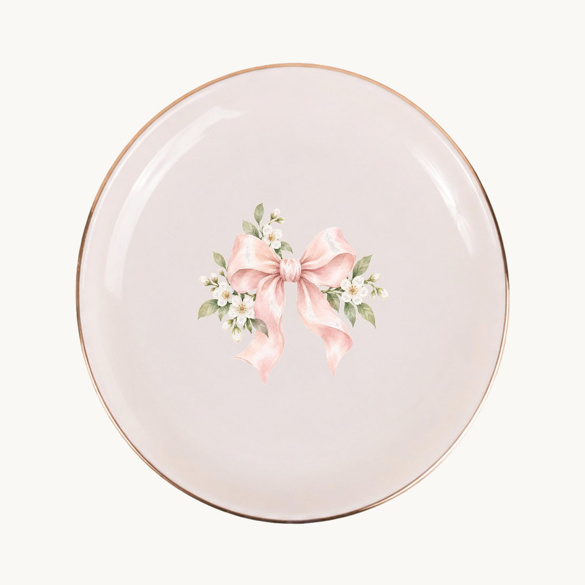 Blush Bridal Bow Ceramic Ring Dish, Gold Rim Trinket Tray, Jewelry Holder Gift, Five Shape Options