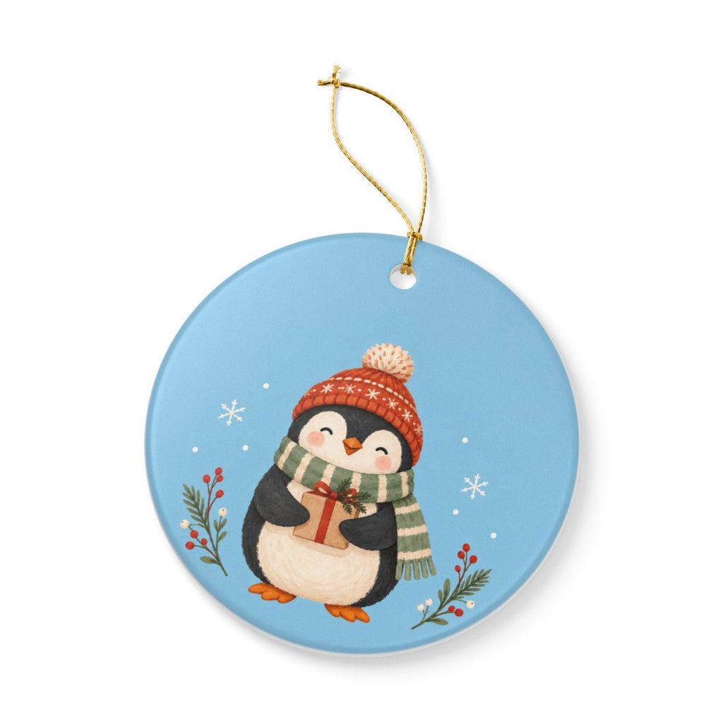 Cozy Winter Penguin Ceramic Ornament, Double Sided Round Christmas Decoration, Holiday Keepsake Gift
