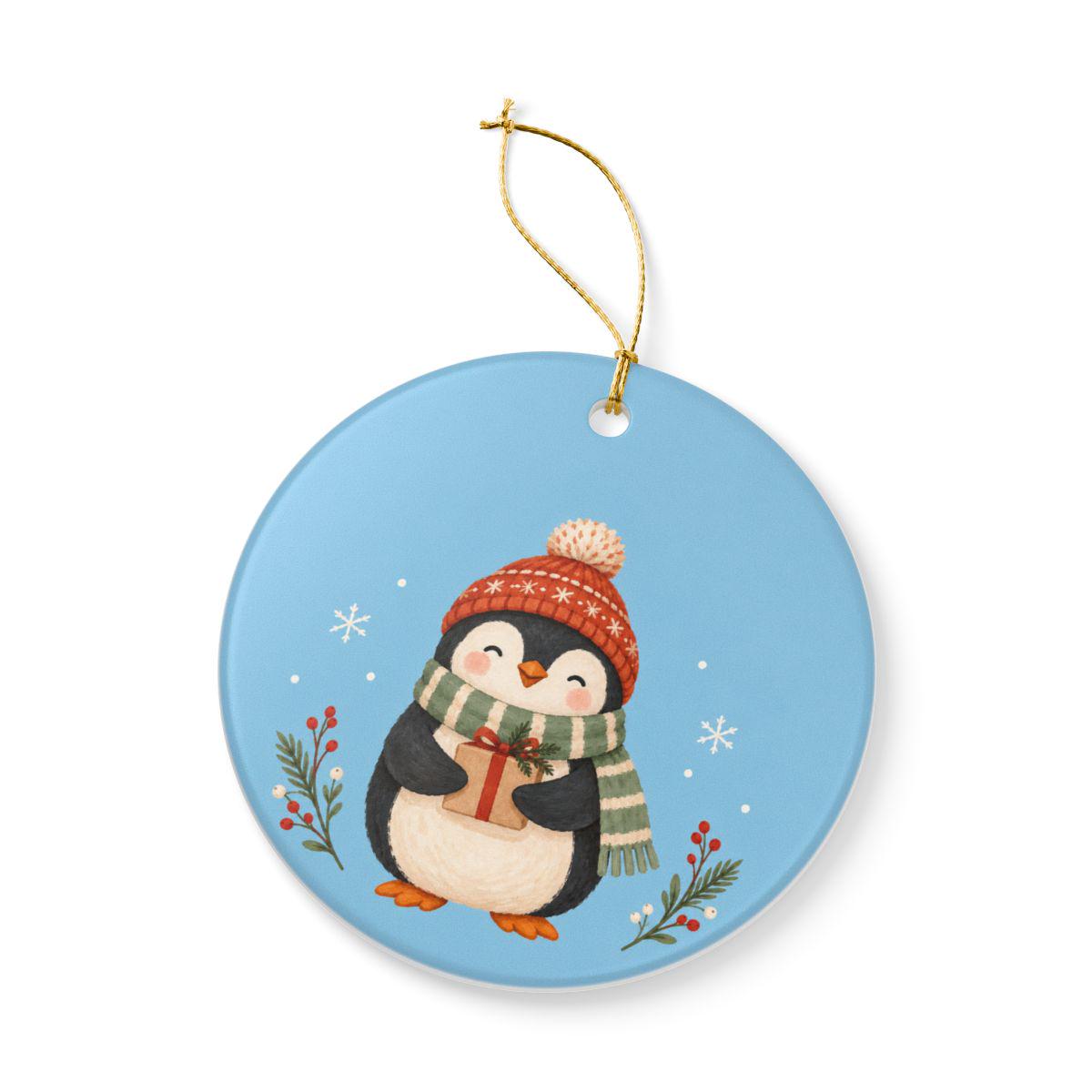 Cozy Winter Penguin Ceramic Ornament, Double Sided Round Christmas Decoration, Holiday Keepsake Gift