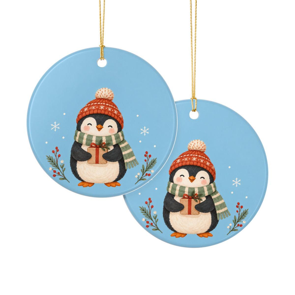 Cozy Winter Penguin Ceramic Ornament, Double Sided Round Christmas Decoration, Holiday Keepsake Gift