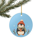 Cozy Winter Penguin Ceramic Ornament, Double Sided Round Christmas Decoration, Holiday Keepsake Gift
