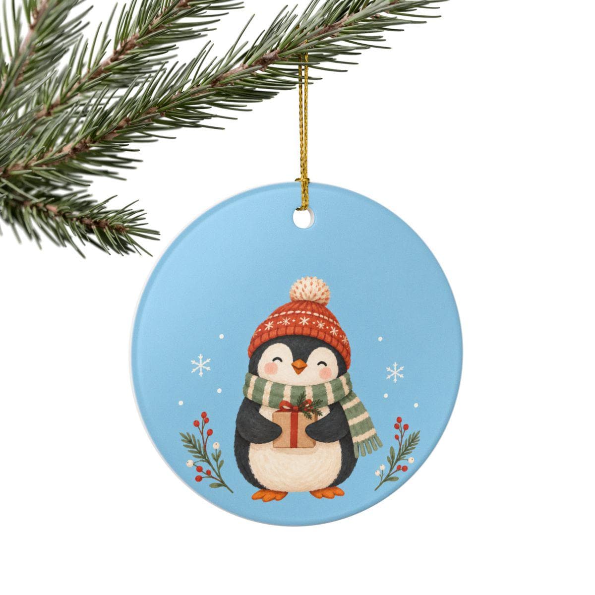 Cozy Winter Penguin Ceramic Ornament, Double Sided Round Christmas Decoration, Holiday Keepsake Gift