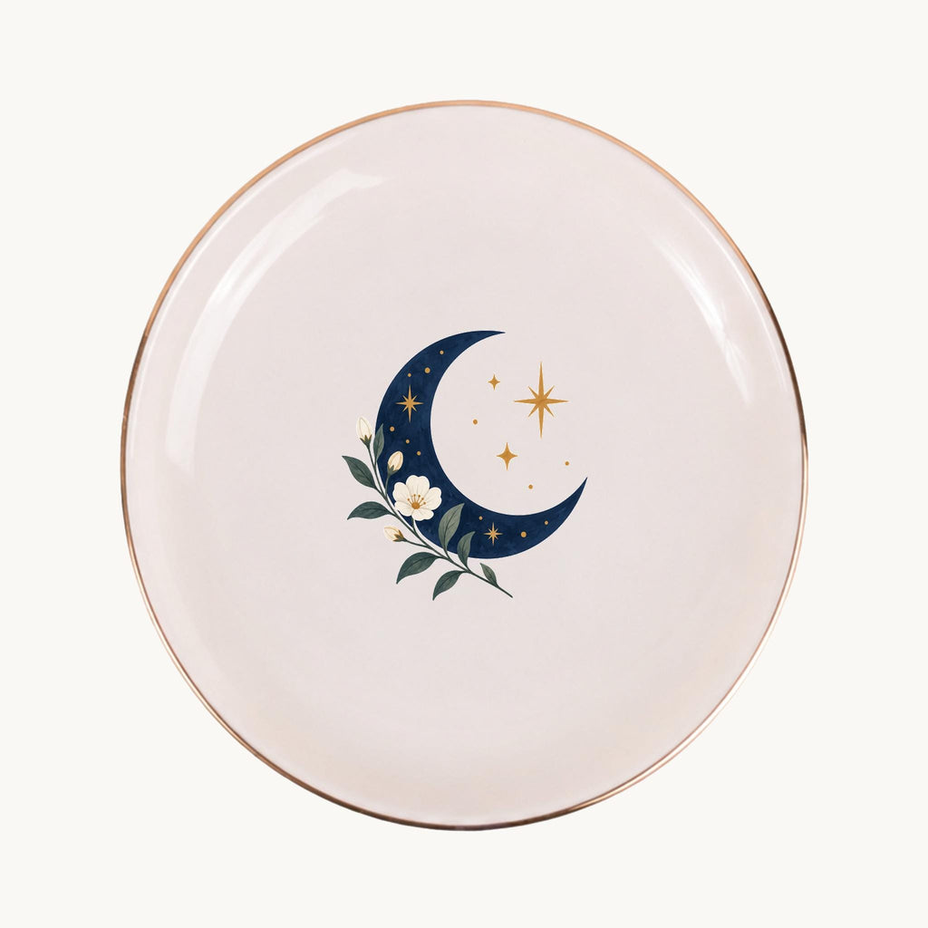 Celestial Moon Ceramic Ring Dish, Gold Rim Trinket Tray, Jewelry Holder Gift, Five Shape Options