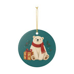 Polar Bear with a Gift Ceramic Ornament, Double Sided Round Christmas Decoration, Holiday Keepsake Gift