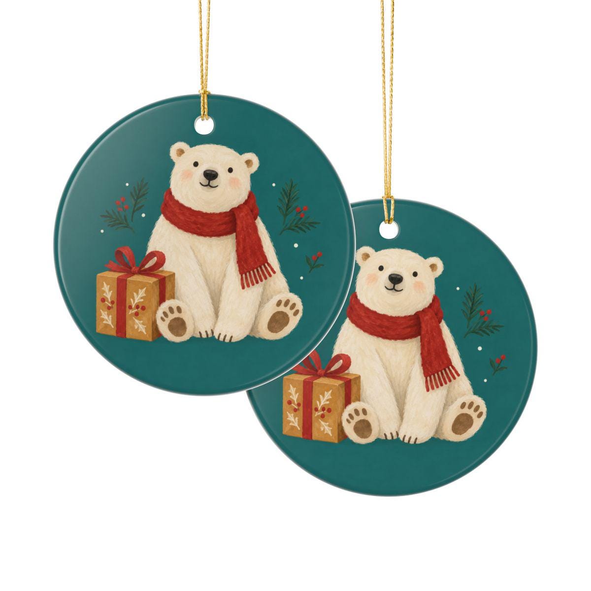 Polar Bear with a Gift Ceramic Ornament, Double Sided Round Christmas Decoration, Holiday Keepsake Gift