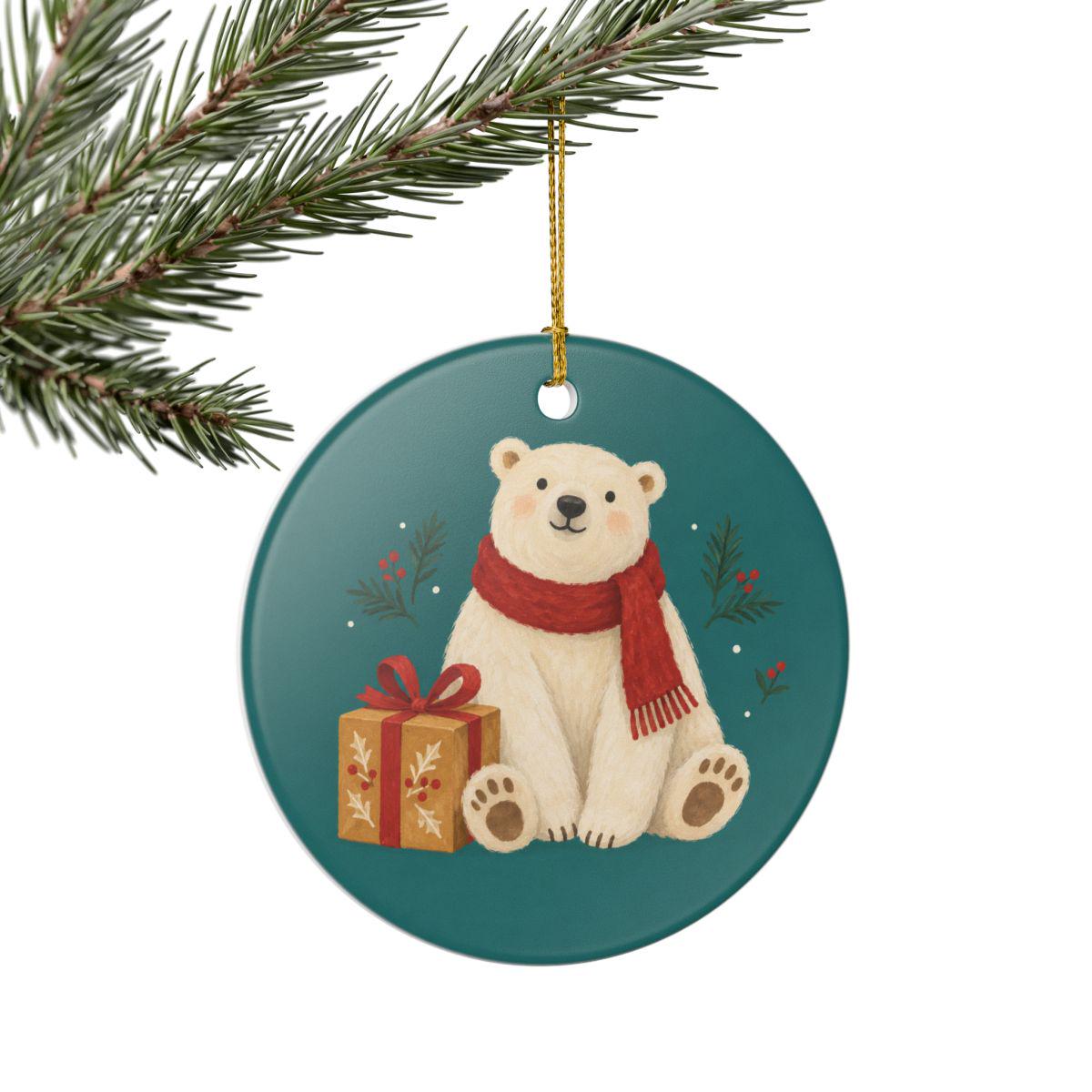 Polar Bear with a Gift Ceramic Ornament, Double Sided Round Christmas Decoration, Holiday Keepsake Gift