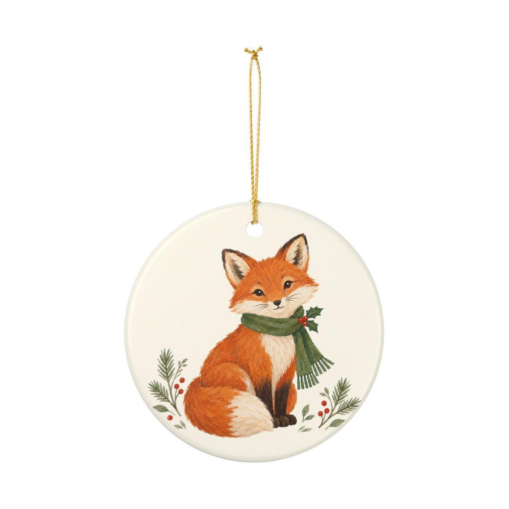 Christmas Woodland Fox Ceramic Ornament, Double Sided Round Christmas Decoration, Holiday Keepsake Gift