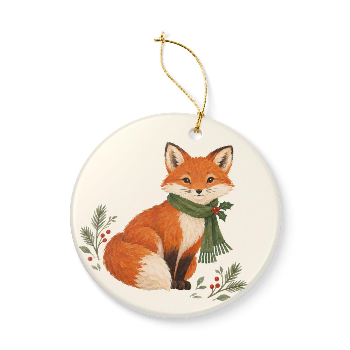 Christmas Woodland Fox Ceramic Ornament, Double Sided Round Christmas Decoration, Holiday Keepsake Gift