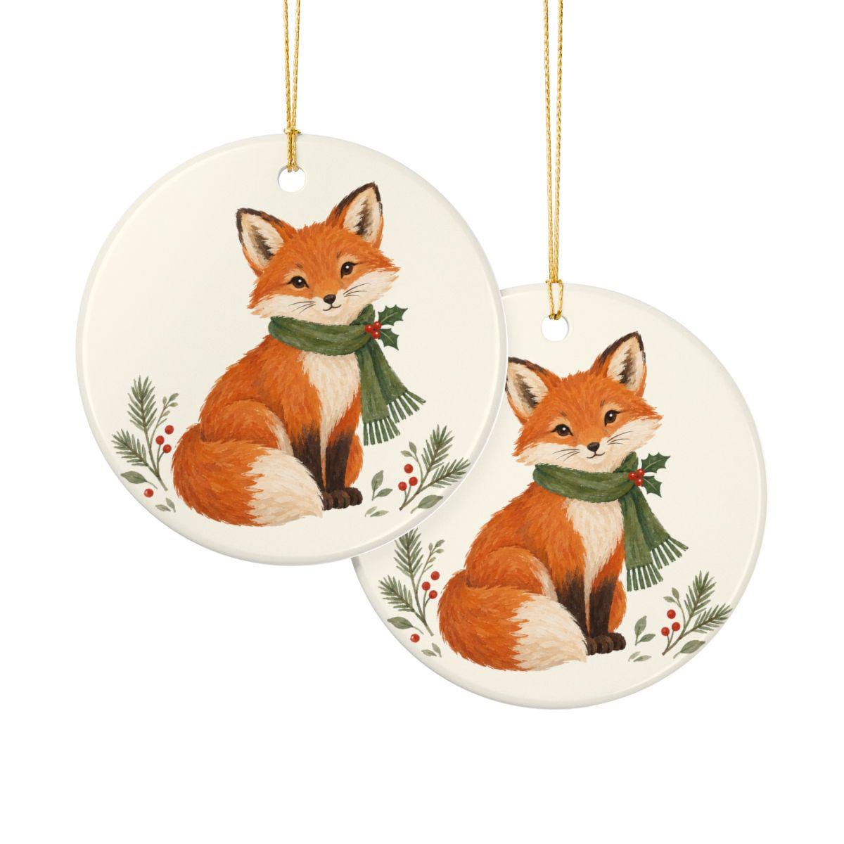Christmas Woodland Fox Ceramic Ornament, Double Sided Round Christmas Decoration, Holiday Keepsake Gift