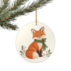 Christmas Woodland Fox Ceramic Ornament, Double Sided Round Christmas Decoration, Holiday Keepsake Gift
