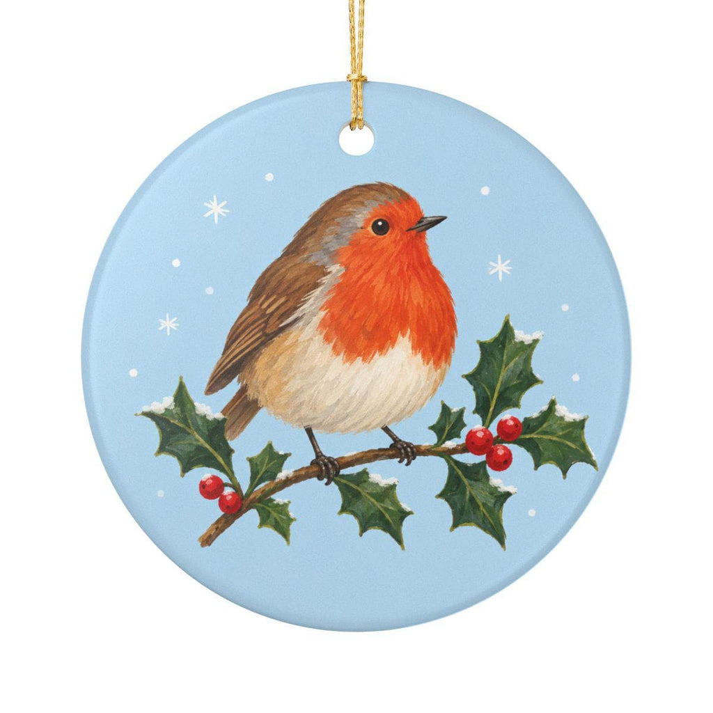 Robin on Holly Ceramic Ornament, Double Sided Round Christmas Decoration, Holiday Keepsake Gift