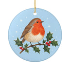 Robin on Holly Ceramic Ornament, Double Sided Round Christmas Decoration, Holiday Keepsake Gift