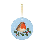 Robin on Holly Ceramic Ornament, Double Sided Round Christmas Decoration, Holiday Keepsake Gift