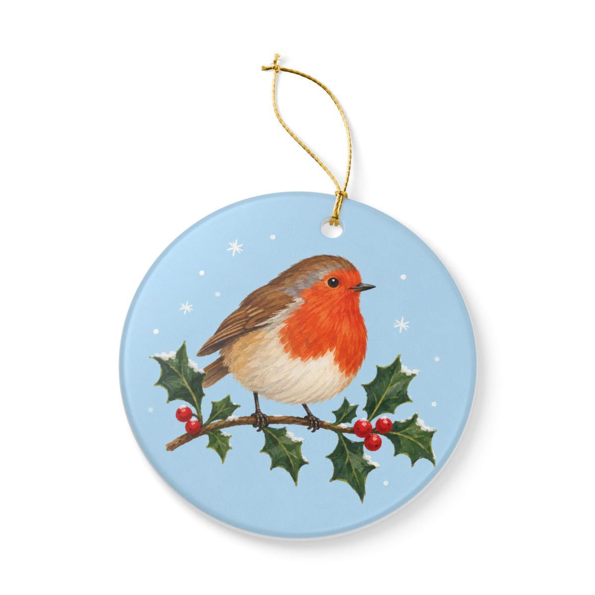 Robin on Holly Ceramic Ornament, Double Sided Round Christmas Decoration, Holiday Keepsake Gift