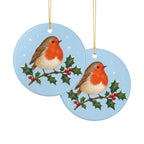 Robin on Holly Ceramic Ornament, Double Sided Round Christmas Decoration, Holiday Keepsake Gift