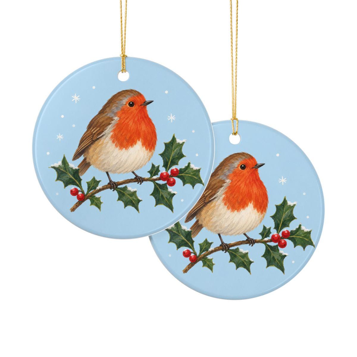 Robin on Holly Ceramic Ornament, Double Sided Round Christmas Decoration, Holiday Keepsake Gift