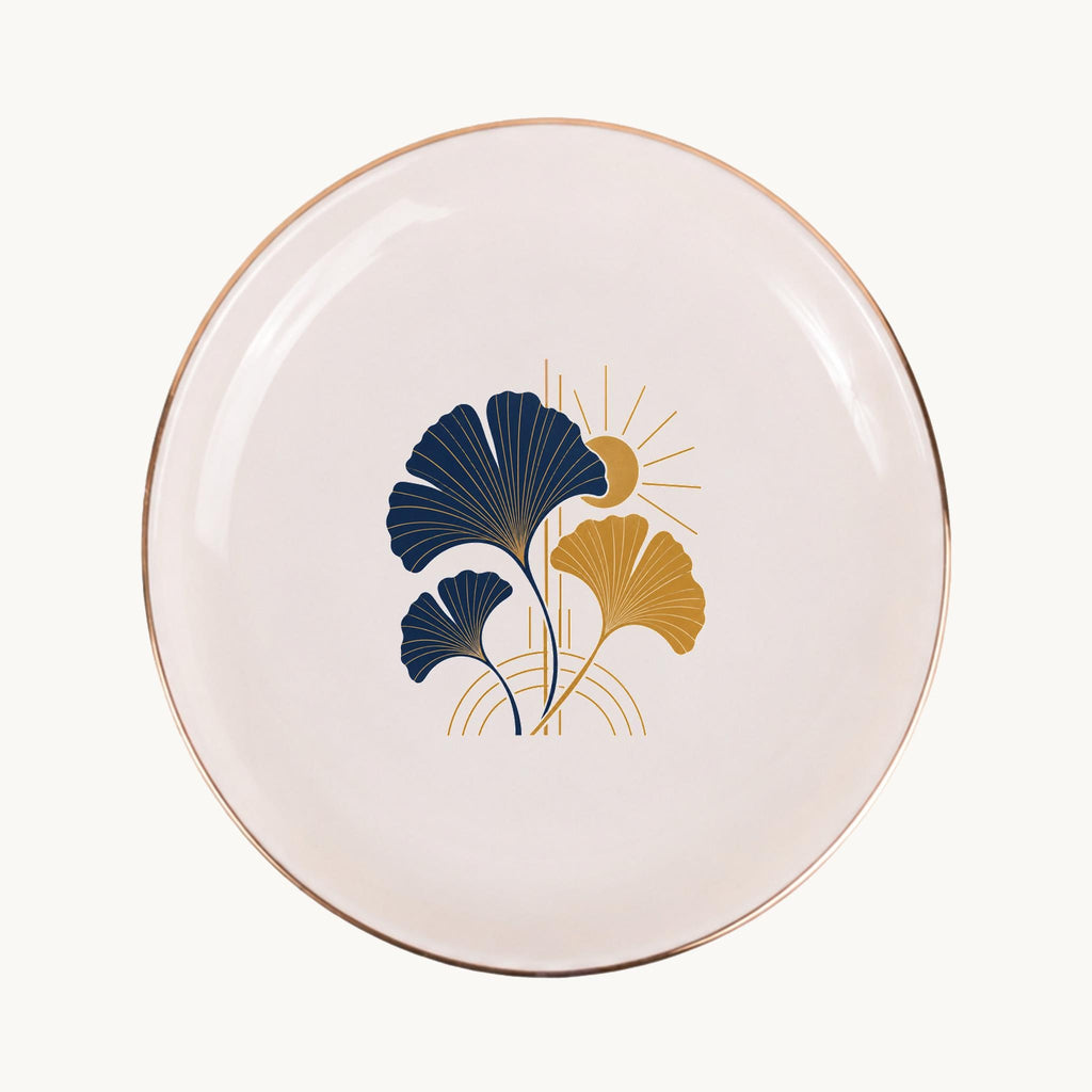 Art Deco Ginkgo Ceramic Ring Dish, Gold Rim Trinket Tray, Jewelry Holder Gift, Five Shape Options