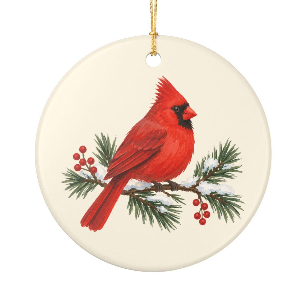 Red Cardinal and Pine Ceramic Ornament, Double Sided Round Christmas Decoration, Holiday Keepsake Gift