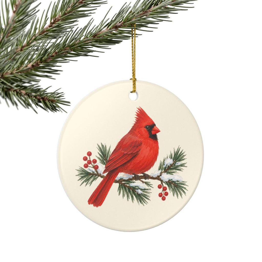 Red Cardinal and Pine Ceramic Ornament, Double Sided Round Christmas Decoration, Holiday Keepsake Gift