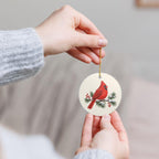 Red Cardinal and Pine Ceramic Ornament, Double Sided Round Christmas Decoration, Holiday Keepsake Gift