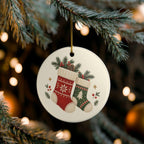 Cozy Christmas Stockings Ceramic Ornament, Double Sided Round Christmas Decoration, Holiday Keepsake Gift
