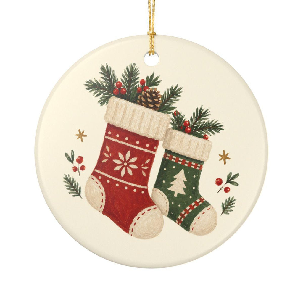 Cozy Christmas Stockings Ceramic Ornament, Double Sided Round Christmas Decoration, Holiday Keepsake Gift