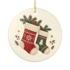 Cozy Christmas Stockings Ceramic Ornament, Double Sided Round Christmas Decoration, Holiday Keepsake Gift