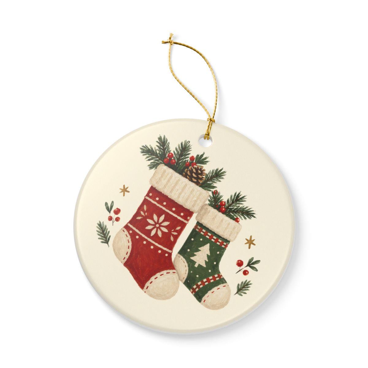 Cozy Christmas Stockings Ceramic Ornament, Double Sided Round Christmas Decoration, Holiday Keepsake Gift