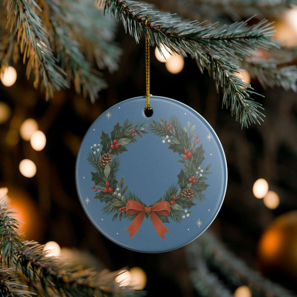 Holly Christmas Wreath Ceramic Ornament, Double Sided Round Christmas Decoration, Holiday Keepsake Gift