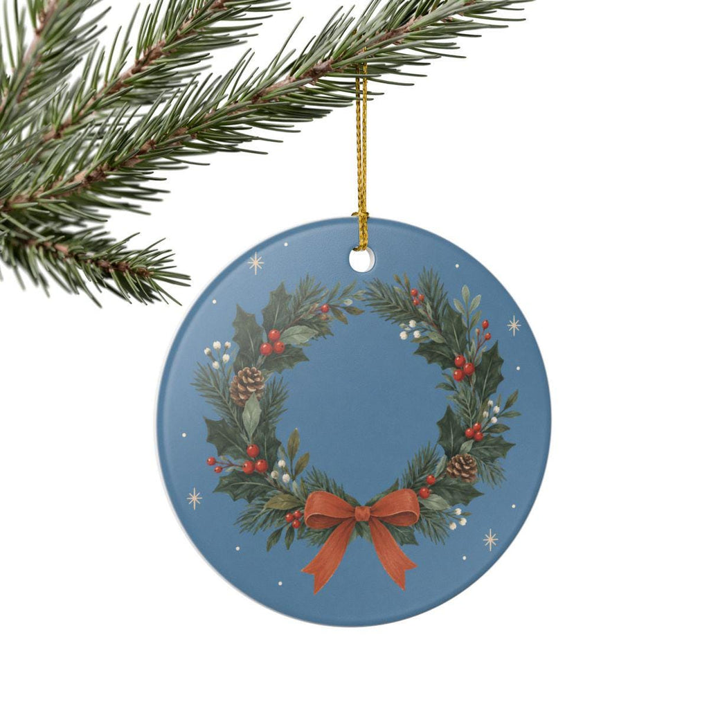 Holly Christmas Wreath Ceramic Ornament, Double Sided Round Christmas Decoration, Holiday Keepsake Gift