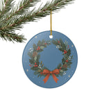 Holly Christmas Wreath Ceramic Ornament, Double Sided Round Christmas Decoration, Holiday Keepsake Gift