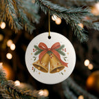 Christmas Bells and Ribbon Ceramic Ornament, Double Sided Round Christmas Decoration, Holiday Keepsake Gift