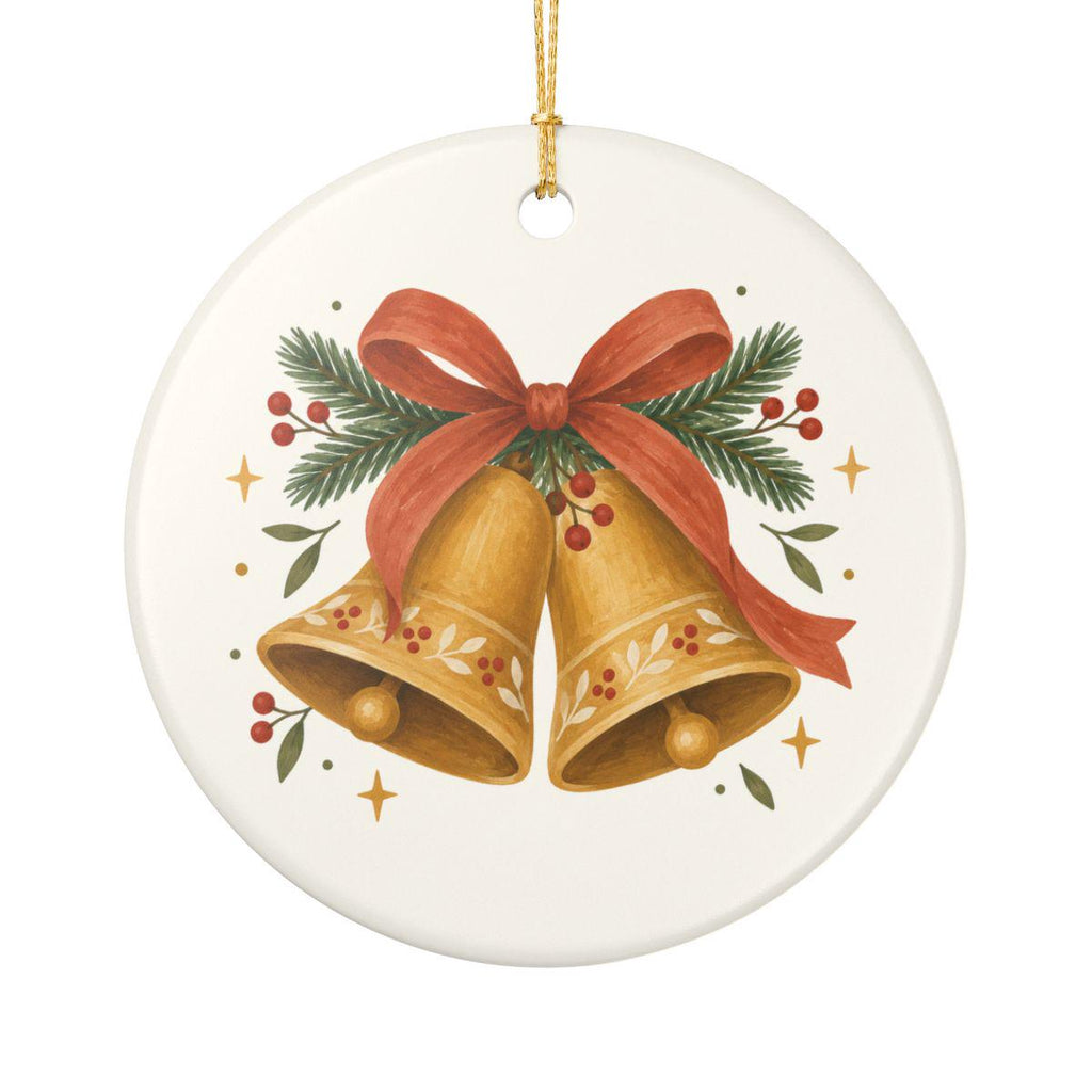 Christmas Bells and Ribbon Ceramic Ornament, Double Sided Round Christmas Decoration, Holiday Keepsake Gift
