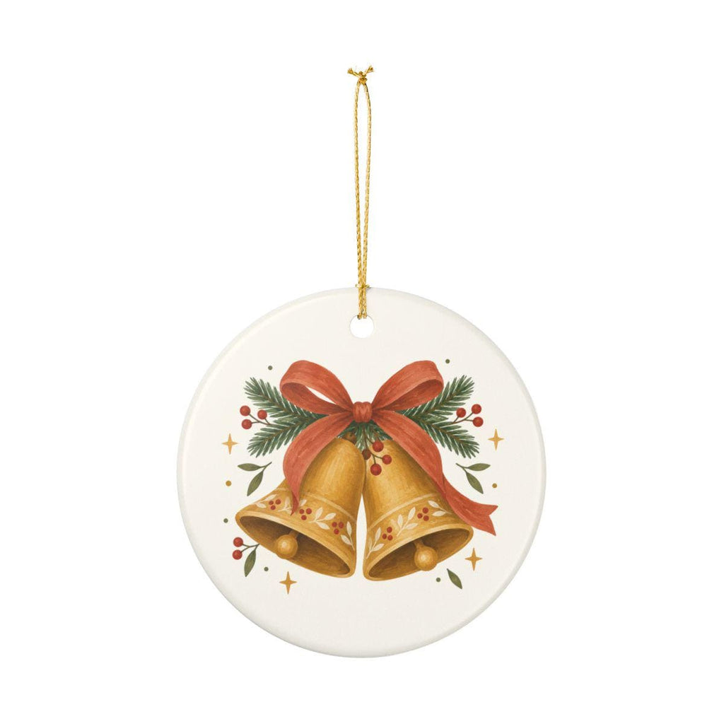 Christmas Bells and Ribbon Ceramic Ornament, Double Sided Round Christmas Decoration, Holiday Keepsake Gift