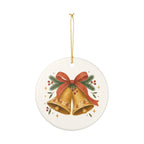 Christmas Bells and Ribbon Ceramic Ornament, Double Sided Round Christmas Decoration, Holiday Keepsake Gift