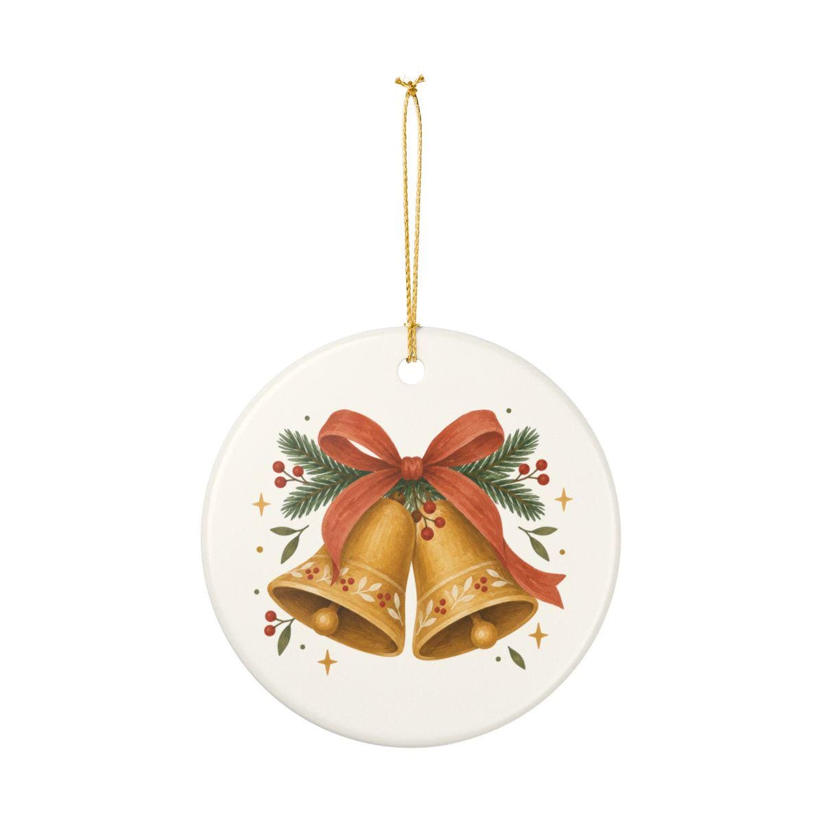 Christmas Bells and Ribbon Ceramic Ornament, Double Sided Round Christmas Decoration, Holiday Keepsake Gift