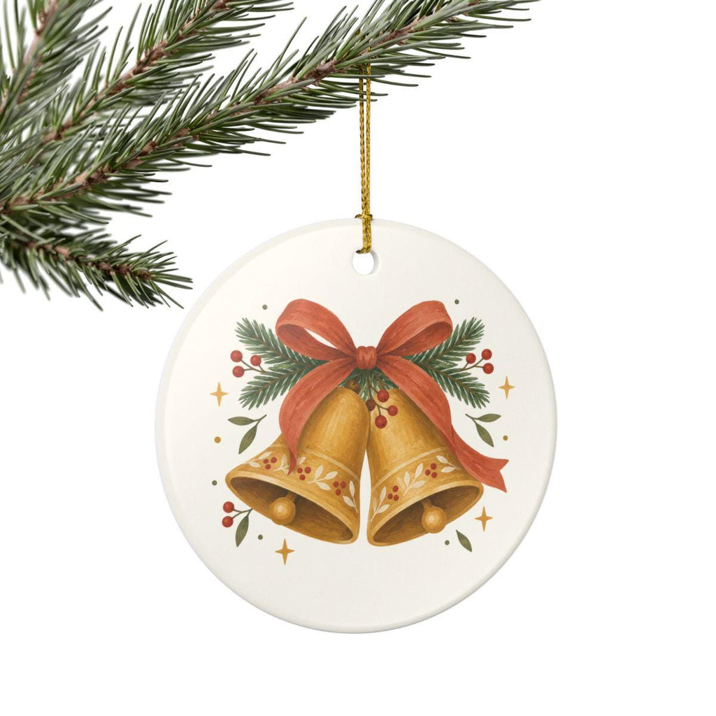 Christmas Bells and Ribbon Ceramic Ornament, Double Sided Round Christmas Decoration, Holiday Keepsake Gift