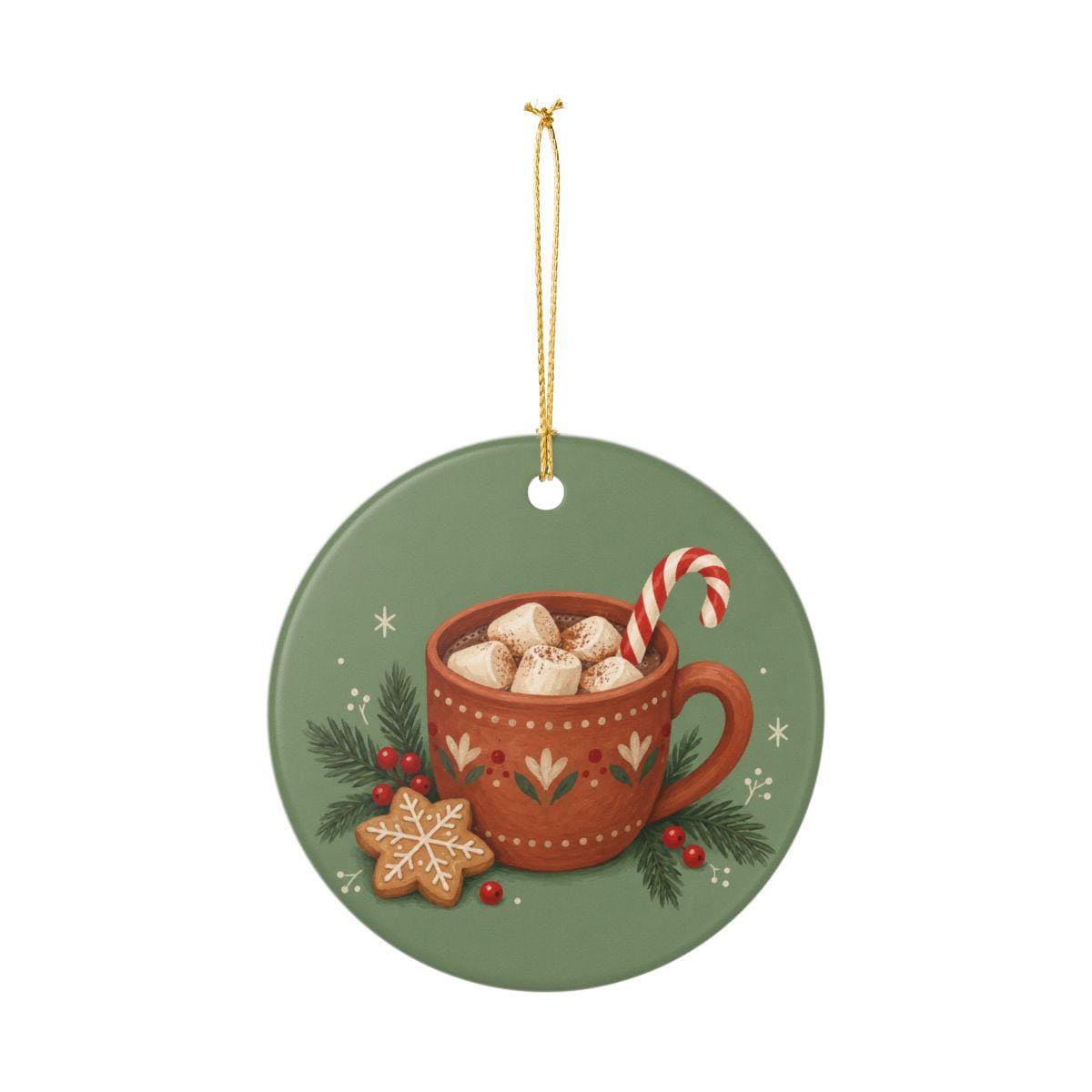 Christmas Hot Cocoa Ceramic Ornament, Double Sided Round Christmas Decoration, Holiday Keepsake Gift
