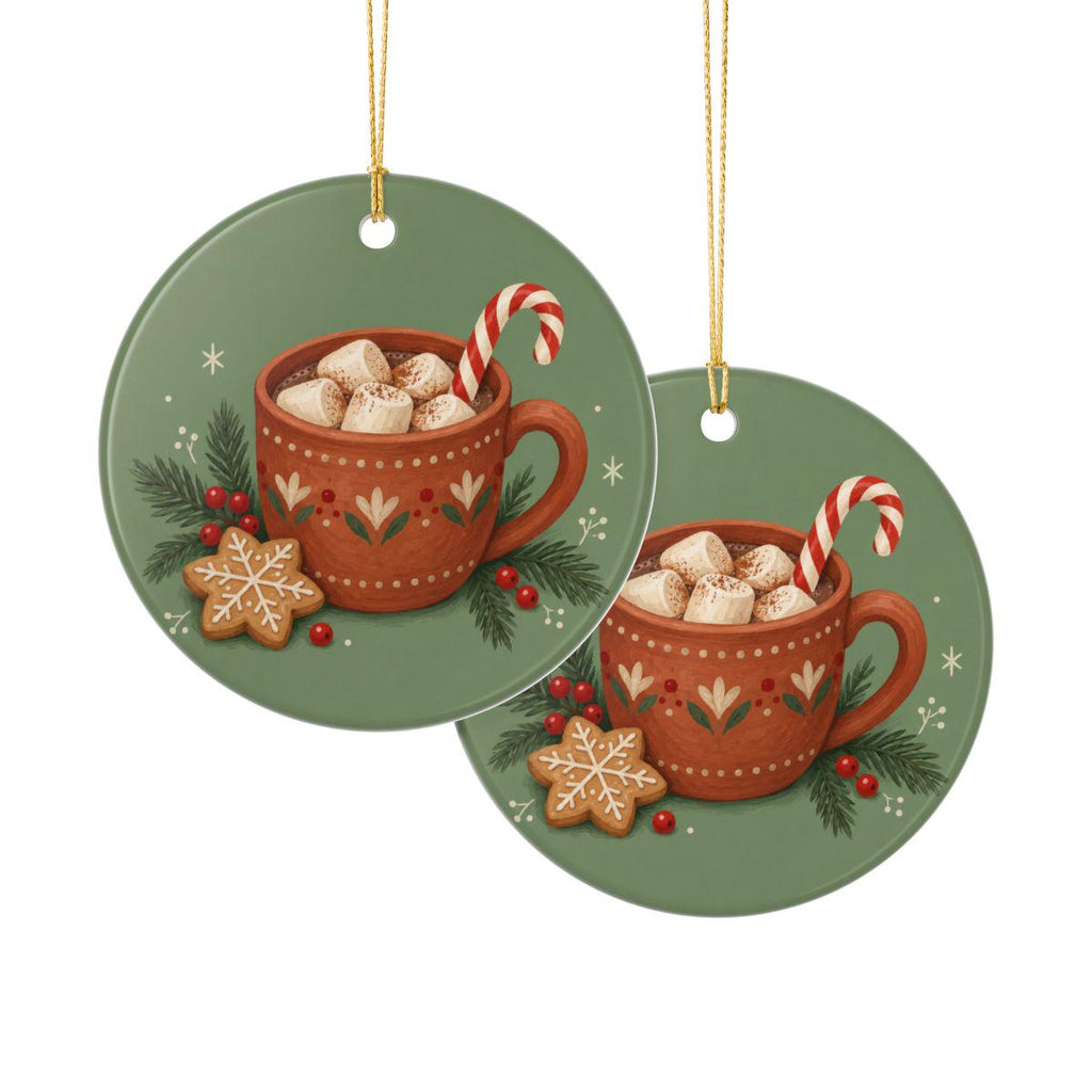 Christmas Hot Cocoa Ceramic Ornament, Double Sided Round Christmas Decoration, Holiday Keepsake Gift