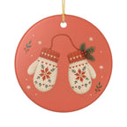 Winter Mittens Ceramic Ornament, Double Sided Round Christmas Decoration, Holiday Keepsake Gift
