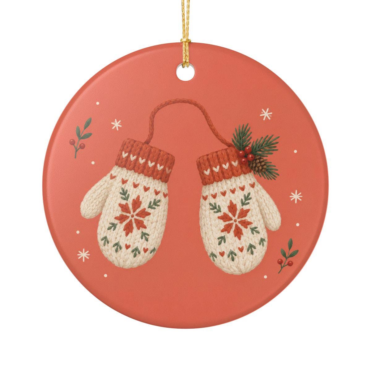 Winter Mittens Ceramic Ornament, Double Sided Round Christmas Decoration, Holiday Keepsake Gift