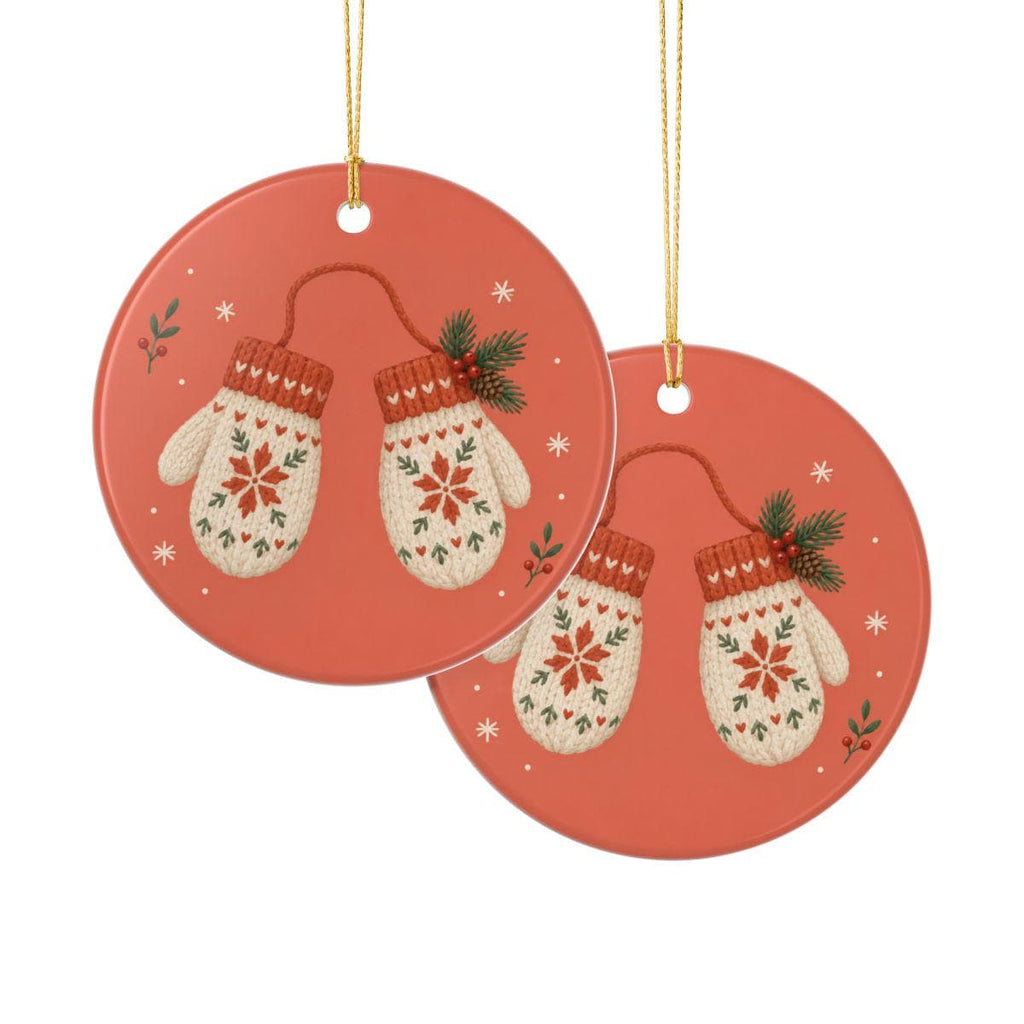 Winter Mittens Ceramic Ornament, Double Sided Round Christmas Decoration, Holiday Keepsake Gift