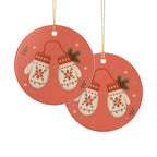 Winter Mittens Ceramic Ornament, Double Sided Round Christmas Decoration, Holiday Keepsake Gift