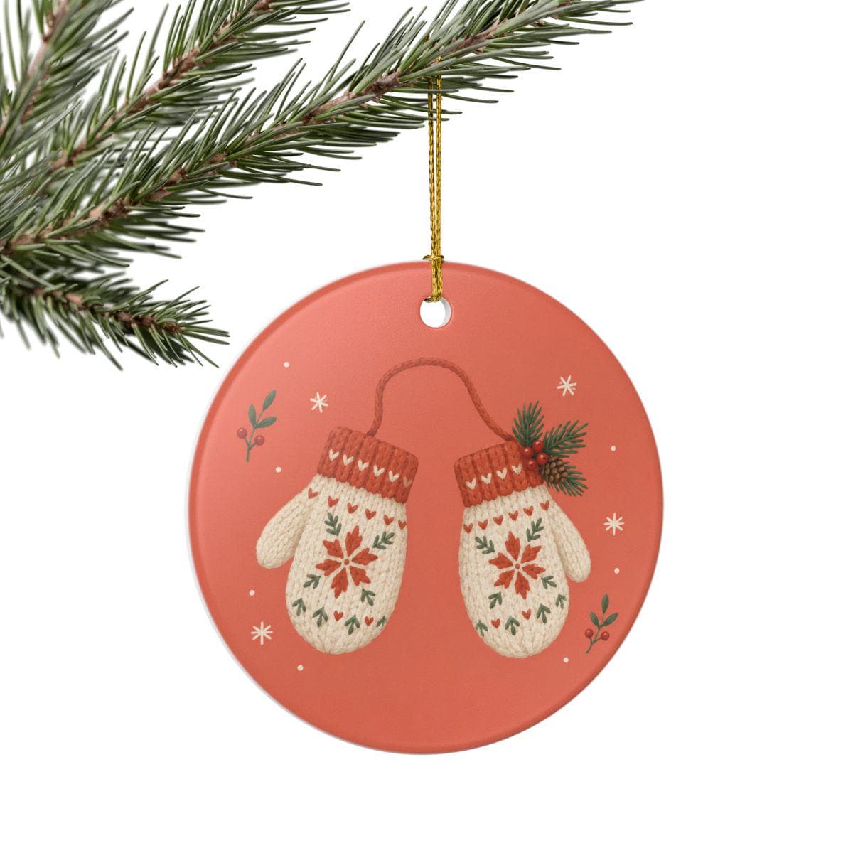 Winter Mittens Ceramic Ornament, Double Sided Round Christmas Decoration, Holiday Keepsake Gift